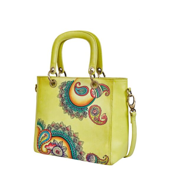 Yellow Top Handle Handbag for Ladies, Hand painted Leather Crossbody Bag, Purse - Picture 8 of 9